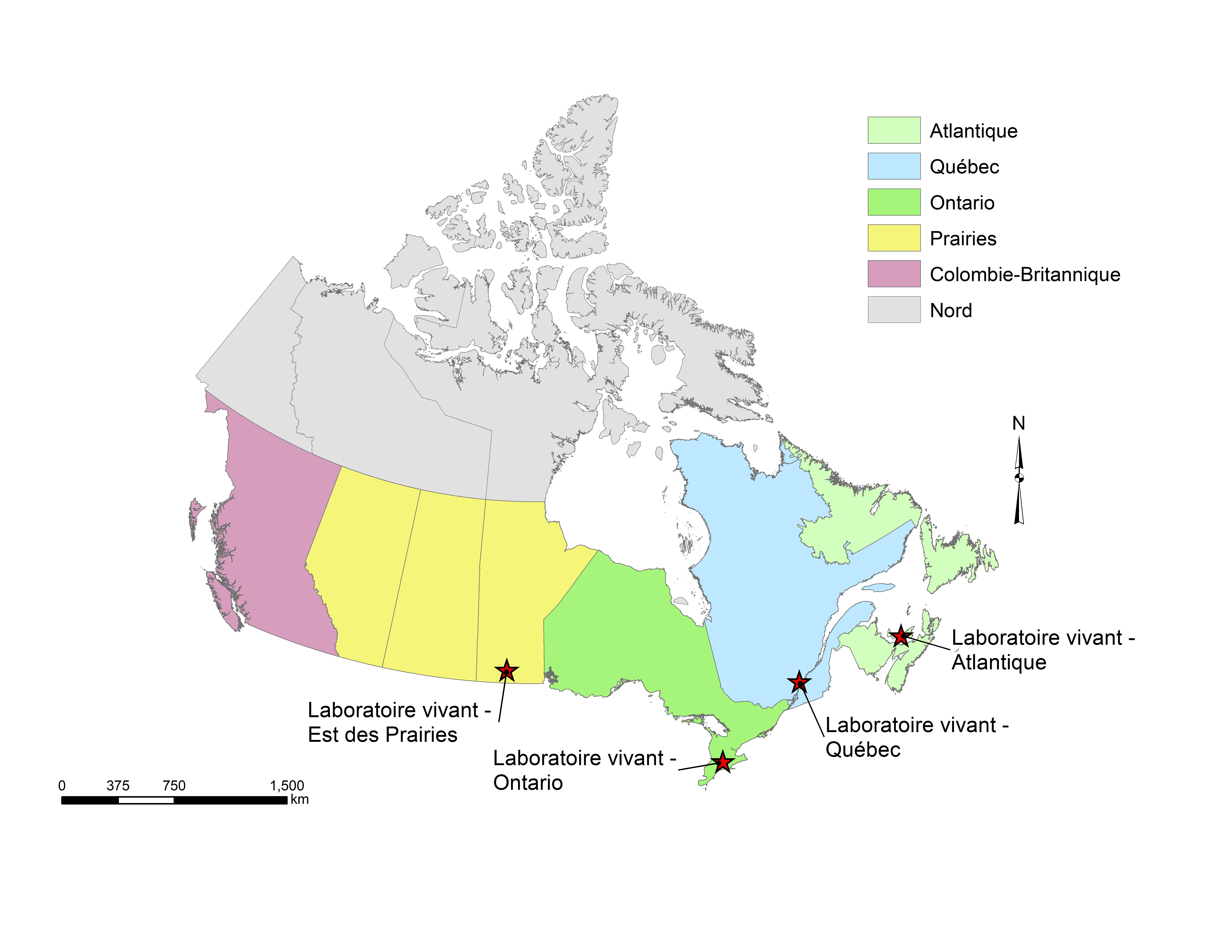 Carte du Canada démontrant le réseau national des laboratoires vivants : l'est des Prairies, Ontario, Québec et Atlantique.