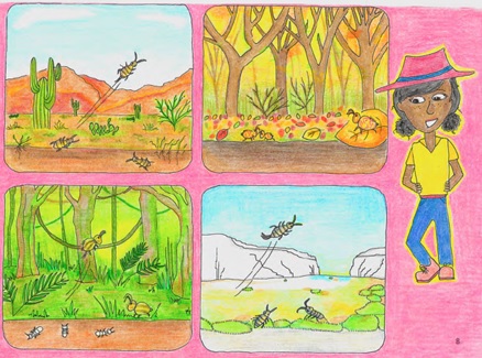 An illustration of a young scientist wearing hat, with four smaller illustrations of insects in various environments.